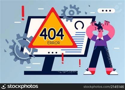 Frustrated male have error 404 on computer screen distressed with device malfunction or breakdown. Confused man stressed shocked with operational mistake on PC. Vector illustration. . Frustrated man stressed with operational problem on computer