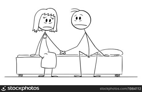 Frustrated man and woman with problem, sad couple sitting on bed, vector cartoon stick figure or character illustration.. Sad or Frustrated Couple of Man and Woman with Problem Sitting on Bed , Vector Cartoon Stick Figure Illustration