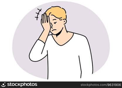 Frustrated man making face palm gesture feeling embarrassed. Anxious male remember things feel stressed or confused. Vector illustration.. Frustrated man make face palm gesture