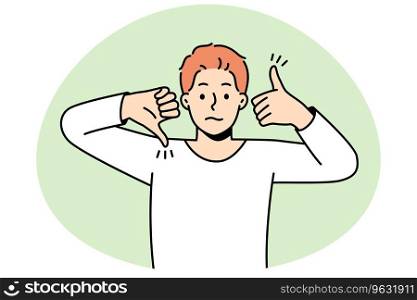 Frustrated man show like and dislike hand gestures demonstrate client feedback for service. Confused male feeling down and uplifted. Approval and disapproval. Vector illustration.. Frustrated man show like and dislike