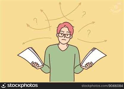 Frustrated man with paperwork feel confused with problem solution. Unhappy male astonished distressed with notification in documents. Vector illustration. . Unhappy man confused with paperwork 