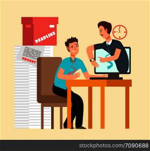 Frustrated man workaholic with laptop and angry boss. Overworked staff and deadline vector concept. Deadline worker, man frustrated and busy overwork illustration. Frustrated man workaholic with laptop and angry boss. Overworked staff and deadline vector concept