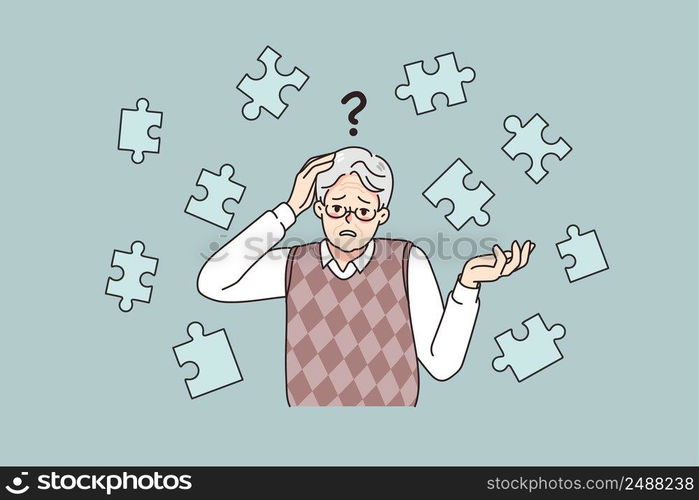 Frustrated old man suffer from dementia loss memory. Confused senior male struggle with Alzheimer disease. Elderly healthcare and medicine concept. Flat vector illustration. . Senior man suffer from dementia disease 