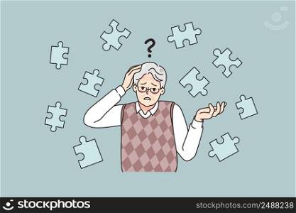 Frustrated old man suffer from dementia loss memory. Confused senior male struggle with Alzheimer disease. Elderly healthcare and medicine concept. Flat vector illustration. . Senior man suffer from dementia disease 