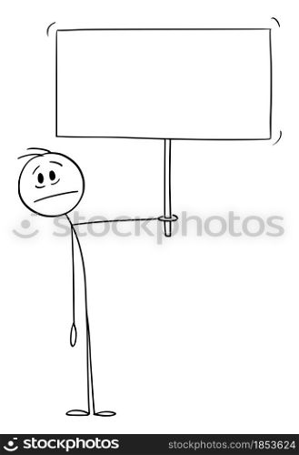 Frustrated or sad man or person showing emotion and holding empty copy space sign , vector cartoon stick figure or character illustration.. Frustrated Person Holding Empty Sign , Vector Cartoon Stick Figure Illustration