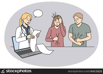 Frustrated patients confused with doctor long prescription recipe. Sick unhappy people with pain shocked with recipe from online therapist. Vector illustration.. Patients frustrated with online doctor prescription