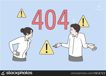 Frustrated people get error 404 page not found on screen. Web maintenance device or gadget internet mistake. Operational malfunction. Webpage breakdown, malware. Vector illustration. . Frustrated people get error 404 on website page