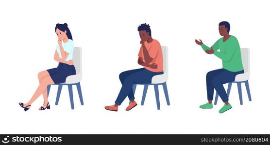 Frustrated pupils sitting on chairs semi flat color vector characters set. Full body people on white. Schoolers isolated modern cartoon style illustrations collection for graphic design and animation. Frustrated pupils sitting on chairs semi flat color vector characters set