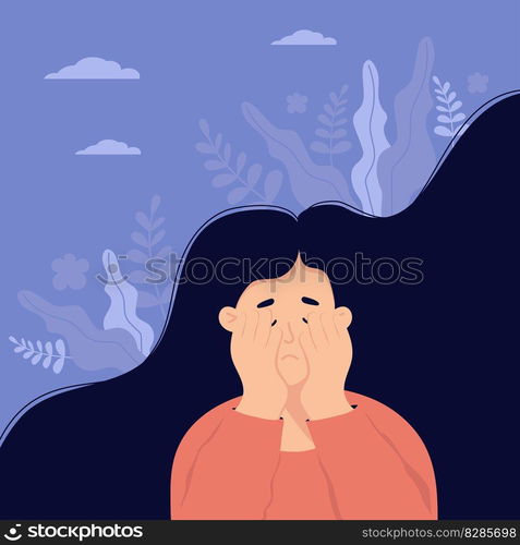 Frustrated unhappy lonely woman with nervous problem. Vector flat illustration. Girl with flying long hair covered her face with her hands. Concept of depression and mental health