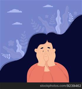 Frustrated unhappy lonely woman with nervous problem. Vector flat illustration. Girl with flying long hair covered her face with her hands. Concept of depression and mental health