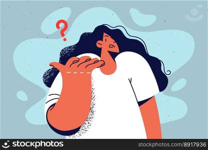 Frustrated woman feeling unsure and doubtful look for problem solution. Confused girl have doubts about idea or though. Frustration concept. Vector illustration. . Confused woman frustrated about idea 