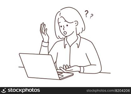 Frustrated woman look at laptop screen shocked with online problem. Unhappy female confused with unexpected notification on computer. Vector illustration. . Woman look at laptop screen confused with problem 