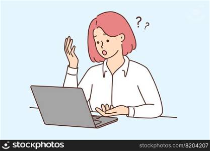 Frustrated woman look at laptop screen shocked with online problem. Unhappy female confused with unexpected notification on computer. Vector illustration.. Woman look at laptop screen confused with problem