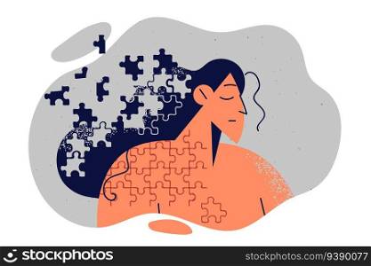 Frustrated woman with body and hair made of flying puzzles symbolizes depression and personality-destroying stress. Frustrated girl needs help of psychologist to solve mental problems. Frustrated woman with body and hair made of flying puzzles symbolizes personality-destroying stress