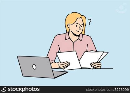 Frustrated woman working with paperwork busy at laptop. Confused female employee consider documents at workplace. Vector illustration. . Frustrated woman feel confused with paperwork 