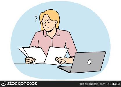 Frustrated woman working with paperwork busy at laptop. Confused female employee consider documents at workplace. Vector illustration.. Frustrated woman feel confused with paperwork