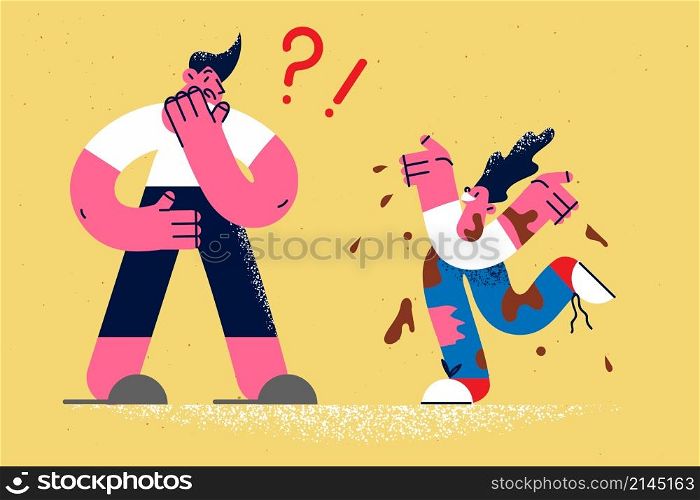 Frustrated young father confused by dirty ill-behaved happy son playing in mud. Shocked dad stunned by kid child appearance. Upbringing and parenthood concept. Vector illustration. . Shocked father frustrated by dirty small son