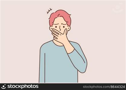 Frustrated young man cover mouth shocked with news or message. Confused guy surprised make hand gesture feeling astonished. Shock and distress emotion. Vector illustration. . Confused man shocked with unbelievable news 