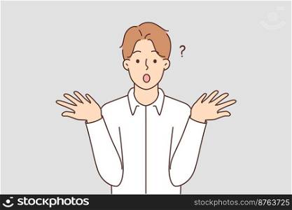 Frustrated young man make hand gesture astonished with news or message. Confused male surprised shocked with unexpected information. Vector illustration. . Confused man shocked with unexpected news