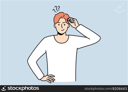 Frustrated young man think of problem solution. Pensive guy feel confused and doubtful solving trouble or issue. Dilemma. Vector illustration. . Confused man think look for solution 