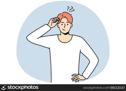 Frustrated young man think of problem solution. Pensive guy feel confused and doubtful solving trouble or issue. Dilemma. Vector illustration.. Confused man think look for solution