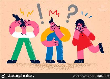 Frustrated young people feel confused have communication problem. Diverse friends distressed with verbal misunderstanding. Diversity concept. Multicultural world. Flat vector illustration. . Frustrated people feel distressed having communication problem
