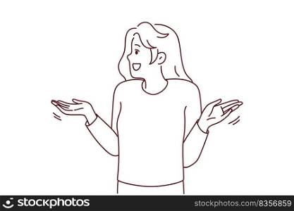 Frustrated young woman make hand gesture wondering about solution of problem. Smiling girl feel confused and embarrassed looking for solving. Vector illustration. . Frustrated woman make hand gesture wondering 