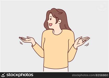 Frustrated young woman make hand gesture wondering about solution of problem. Smiling girl feel confused and embarrassed looking for solving. Vector illustration. . Frustrated woman make hand gesture wondering 