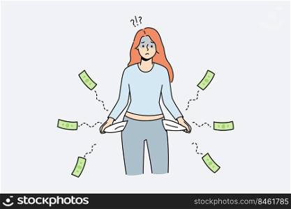Frustrated young woman with empty pockets suffer from bankruptcy. Unhappy sad female struggle with debt or financial problems. Vector illustration.. Unhappy woman with empty pockets