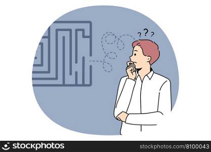 Frustration and business strategy concept. Businessman standing and looking at labyrinth thinking trying to choose between many opportunities and ways making choice vector illustration. Frustration and business strategy concept.