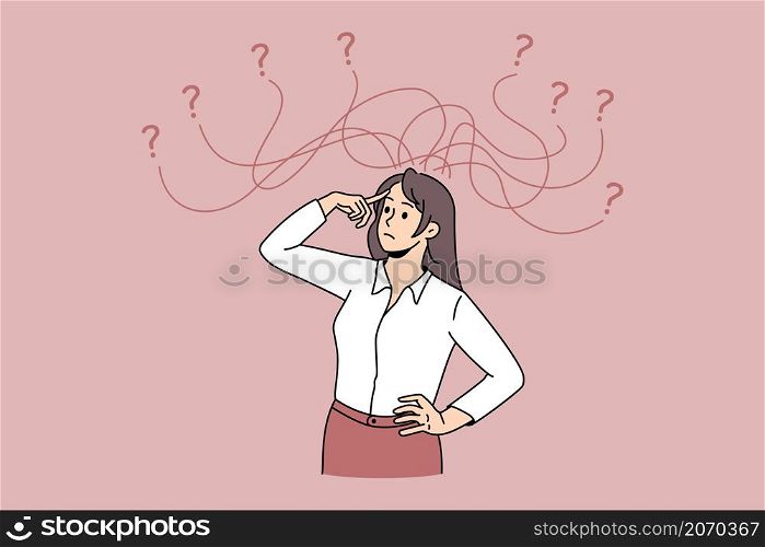 Frustration and feeling doubt concept. Young woman worker standing thinking trying to choose between many opportunities and ways making choice vector illustration. Frustration and feeling doubt concept.