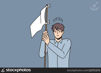 Frustration and lost strategy in business. Young thinking businessman with frustrated face standing and holding white flag on stick trying to orient in market vector illustration . Frustration and lost strategy in business.