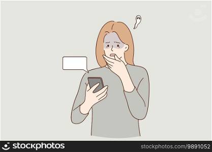 Frustration, broken phone, problems in communication concept. Worried concerned girl cartoon character looking at her phone screen cracked and shattered to pieces or feeling bad with message . Frustration, broken phone, problems in communication concept