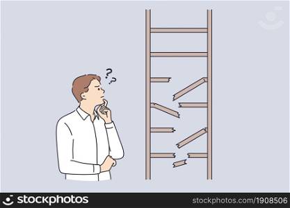 Frustration, business strategy, doubt concept. Young frustrated businessman cartoon character standing looking at broken ladder feeling not confident vector illustration . Frustration, business strategy, doubt concept