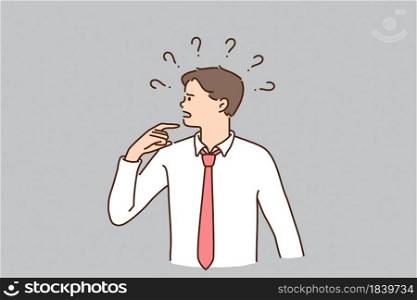 Frustration, challenge and risks concept. Young frustrated businessman cartoon character standing feeling doubt with question marks above vector illustration . Frustration, challenge and risks concept