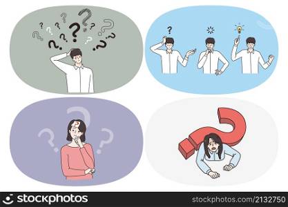 Frustration doubt and thinking concept. Set of young people with question mark around feeling doubt trying to find best decision need help or great idea for business vector illustration. Frustration doubt and thinking concept