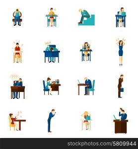 Frustration People Flat Icon Set. Frustration and upset people man and woman hysterical emotion flat color icon set isolated vector illustration
