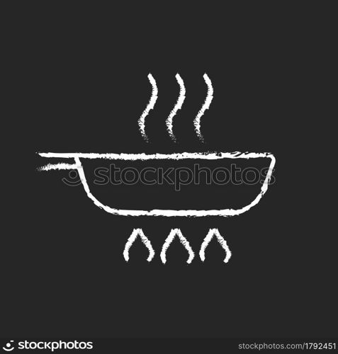 Fry pan chalk white icon on dark background. Roasting ingredients for dinner on stove flame. Stirring process. Cooking instruction. Food preparation. Isolated vector chalkboard illustration on black. Fry pan chalk white icon on dark background