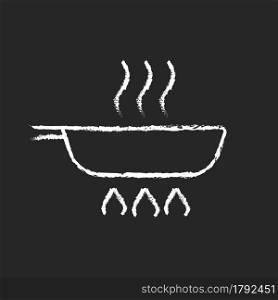 Fry pan chalk white icon on dark background. Roasting ingredients for dinner on stove flame. Stirring process. Cooking instruction. Food preparation. Isolated vector chalkboard illustration on black. Fry pan chalk white icon on dark background