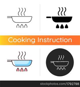 Fry pan icon. Roasting ingredients for dinner on stove flame. Stirring process. Cooking instruction. Food preparation. Linear black and RGB color styles. Isolated vector illustrations. Fry pan icon