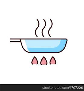 Fry pan RGB color icon. Roasting ingredients for dinner on stove flame. Stirring process. Cooking instruction. Food preparation. Isolated vector illustration. Simple filled line drawing. Fry pan RGB color icon