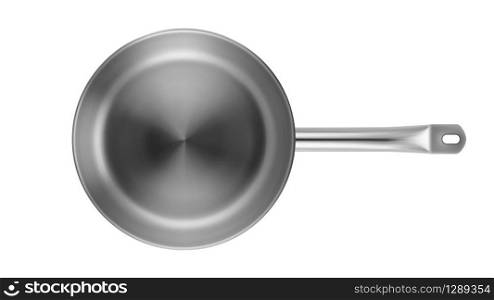 Frying Pan Stainless Kitchenware Top View Vector. Aluminium Flat-bottomed Frying Pan Restaurant Equipment For Searing And Browning Food. Cast-iron Skillet Concept Layout Realistic 3d Illustration. Frying Pan Stainless Kitchenware Top View Vector