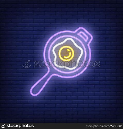 Frying pan with egg neon sign. Breakfast, morning concept. Advertisement design. Night bright neon sign, colorful billboard, light banner. Vector illustration in neon style.