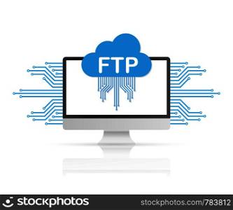 FTP file transfer icon on computer. FTP technology icon. Transfer data to server. Vector stock illustration.