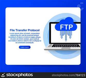 FTP file transfer icon on laptop. FTP technology icon. Transfer data to server. Vector stock illustration.