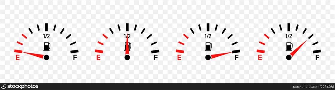 Fuel gauge. Full, half level and empty tank. Guage meter of petrol and gas on dashboard. Gage gasoline in car. Set of icons for automobile isolated on transparent background. Vector.