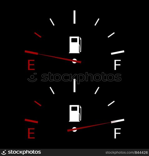 Fuel indicator empty and full gauge on black background. Panel in automobile with sign fuel pump. EPS 10. Fuel indicator empty and full gauge on black background. Panel in automobile with sign fuel pump.