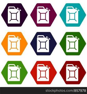 Fuel jerrycan icon set many color hexahedron isolated on white vector illustration. Fuel jerrycan icon set color hexahedron