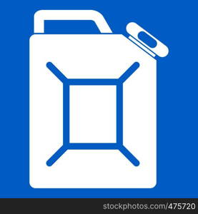 Fuel jerrycan icon white isolated on blue background vector illustration. Fuel jerrycan icon white