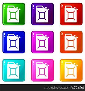 Fuel jerrycan icons of 9 color set isolated vector illustration. Fuel jerrycan icons 9 set